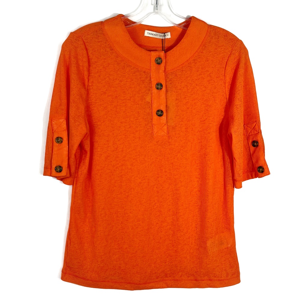 The East Order Bright Orange Lightweight Gauze Henley Button Short Sleeve Top S